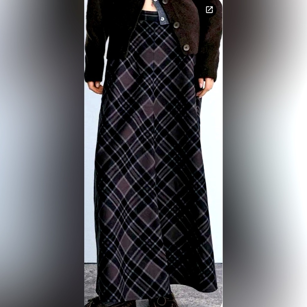 Zara Black and Brown Plaid Maxi Skirt